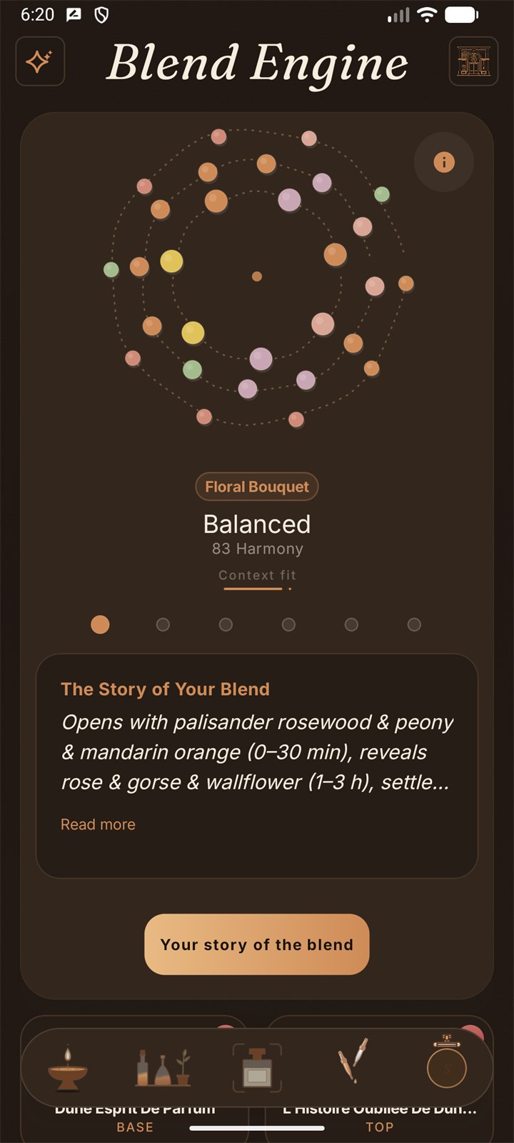 The Blend Engine reading a blend as notes in orbit — Floral Bouquet, Balanced, 83 harmony