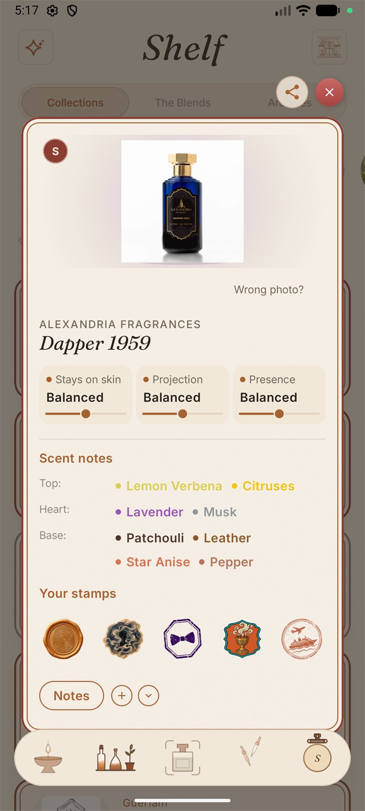 A collection card with three worded rating sliders, colour-coded scent notes and a row of wax-seal stamps