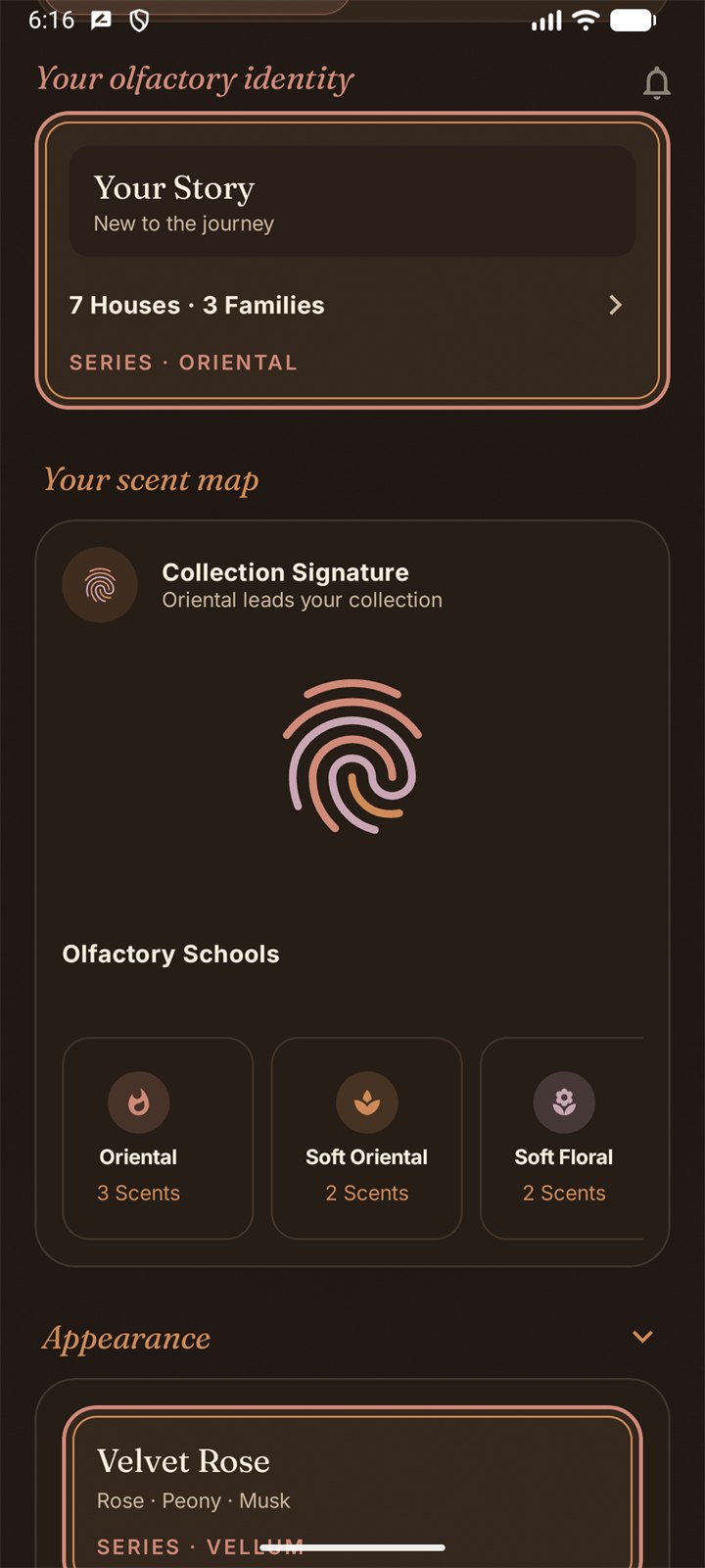 Your olfactory identity — the scent map drawn as a fingerprint, with your olfactory schools beneath