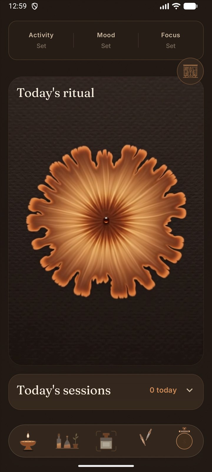 Today's ritual in dark mode — an amber ink bloom for the day, with activity, mood and focus
