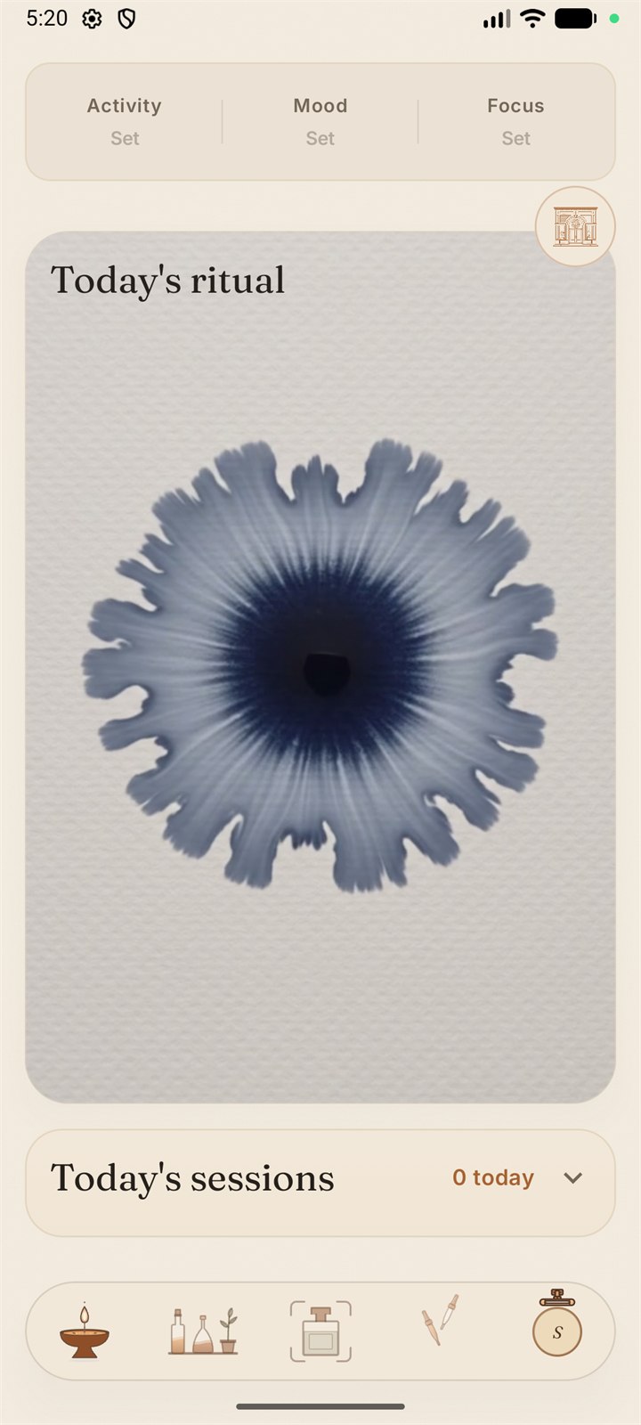 Today's ritual — an ink bloom for the day, with activity, mood and focus set
