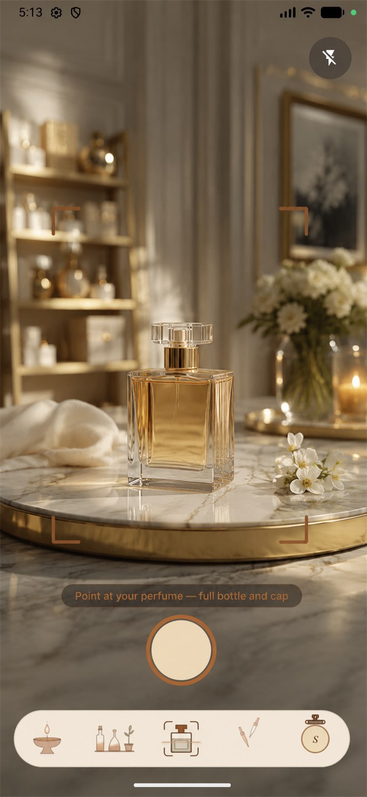 The scan camera framing an unbranded amber perfume bottle on a marble tray, ready to identify it