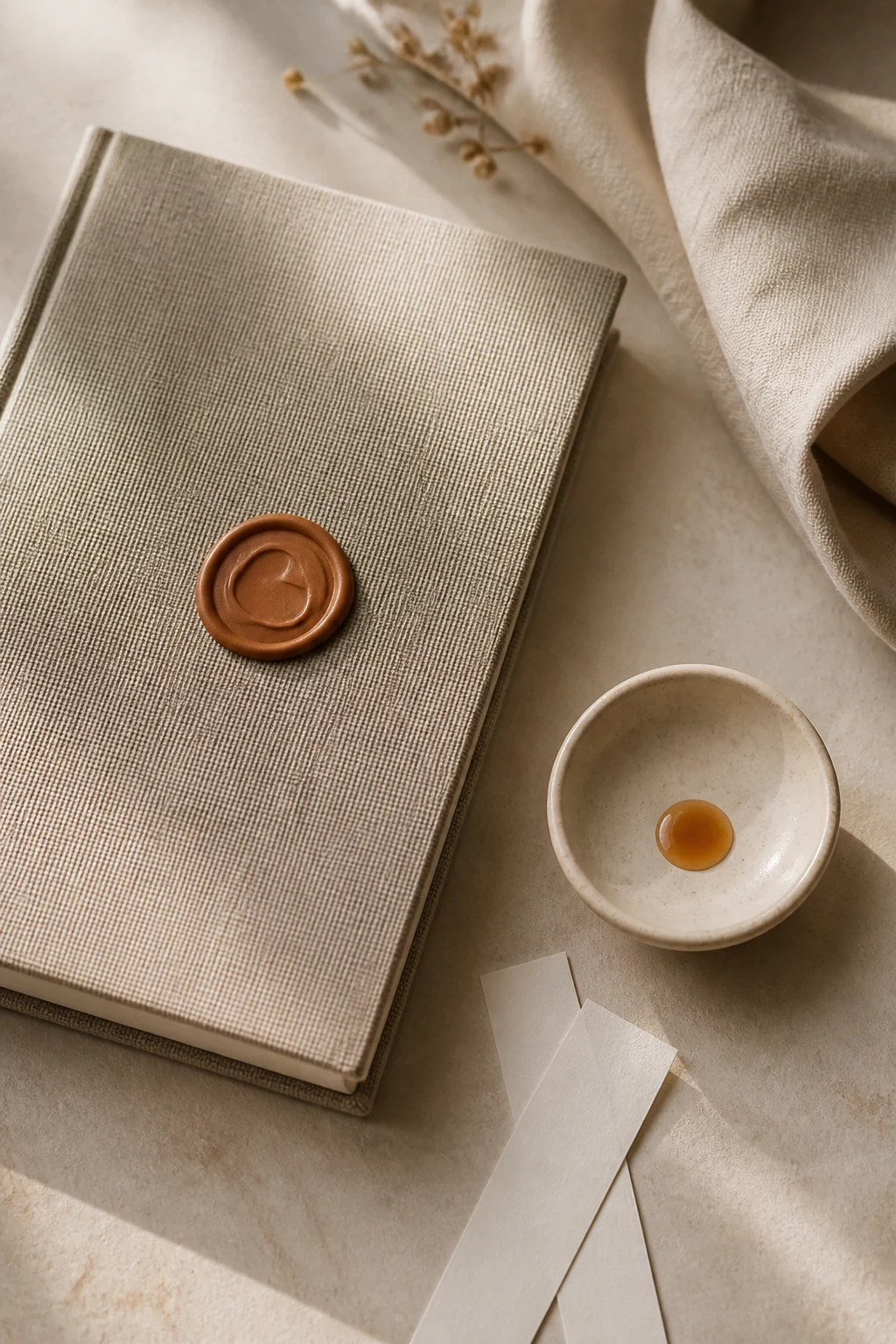 A private scent journal sealed in wax beside blotters