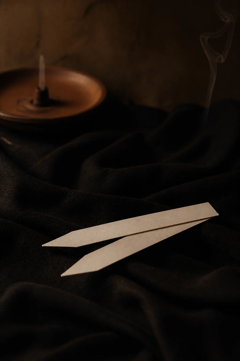 Unused blotter strips on dark cloth at dusk, with a thread of smoke